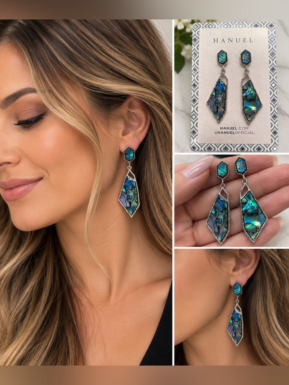 HANUEL Abalone Shell Statement Drop Earrings Blue Green Iridescent NWT